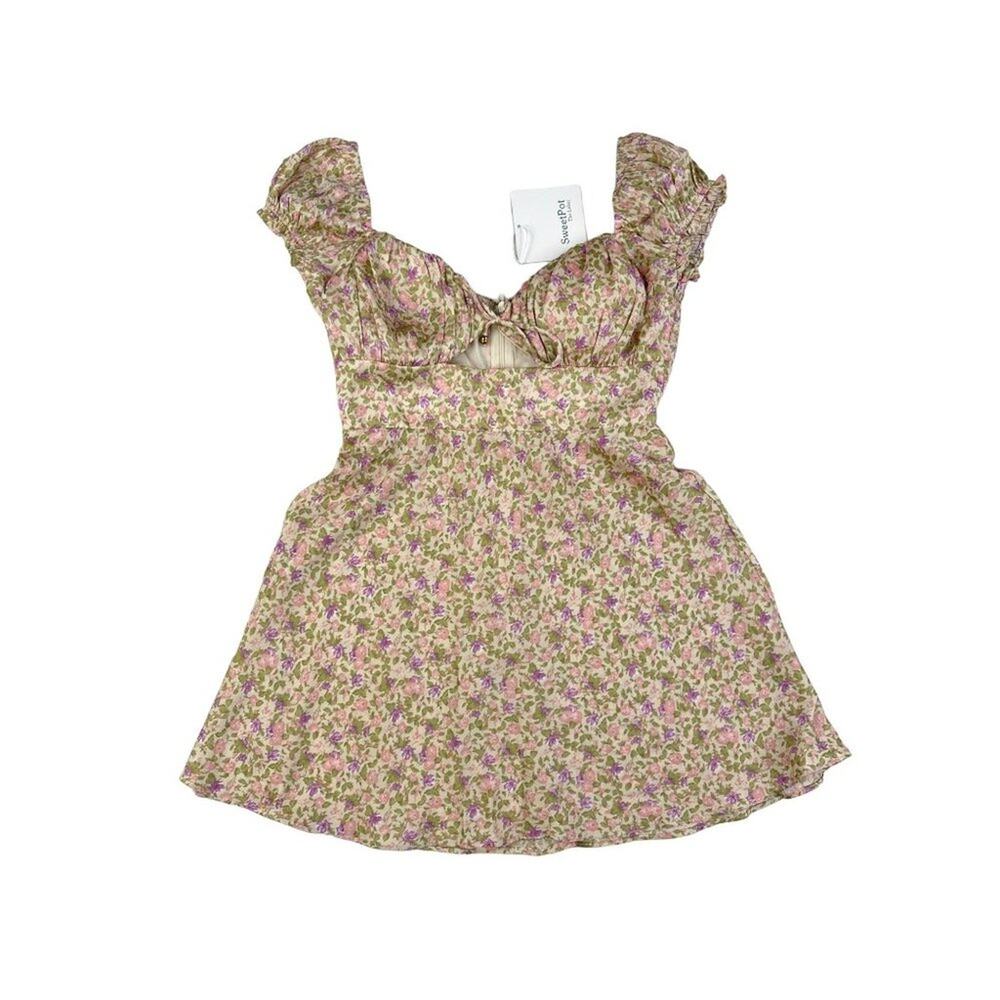 SweetPot The Label - Floral Cut Out Mini Dress in Pink Green & Purple
